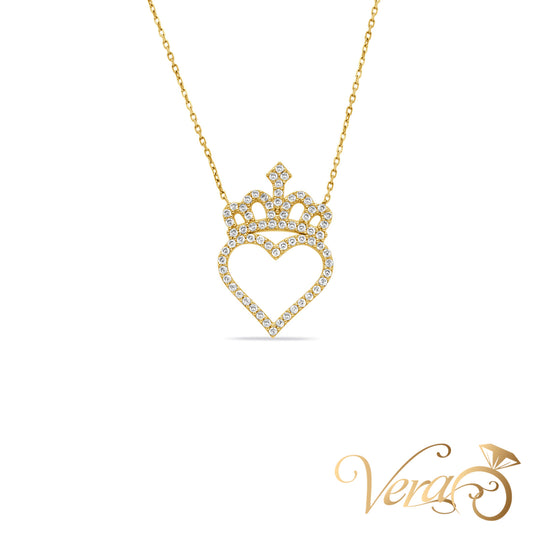 14K Yellow Gold Heart and Crown Pendant Necklace with CZ – 17", 3.11g