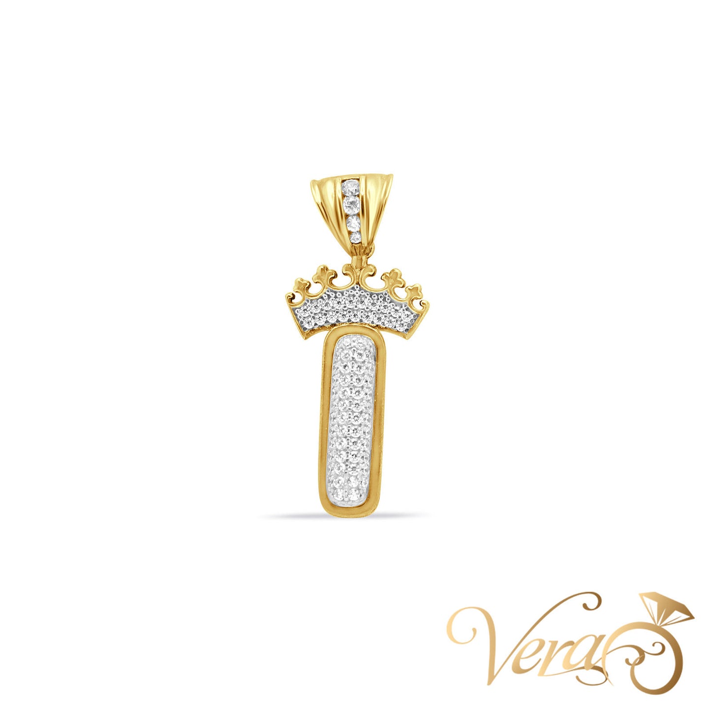 10K Yellow Gold Crowned Letter “I” Pendant with CZ