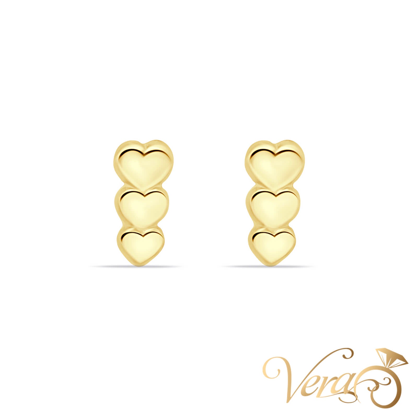 14K Yellow Gold Stud Earrings with Triple Heart Motif, 7.5mm - Vera Jewelry in Miami