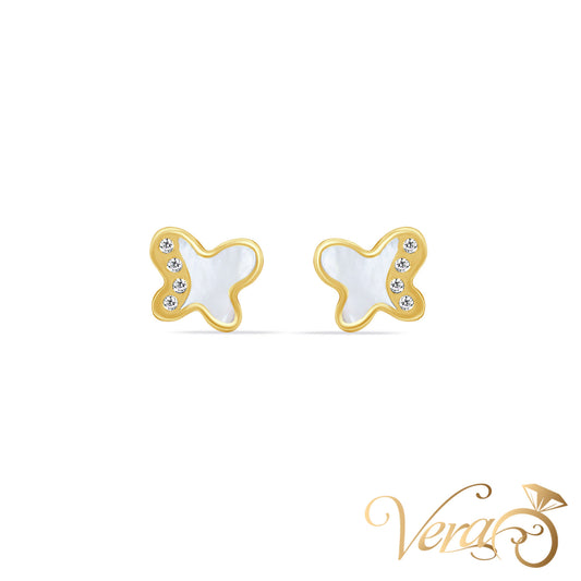 14K Yellow Gold Stud Earrings with Mother of Pearl & CZ, 6mm - Vera Jewelry in Miami