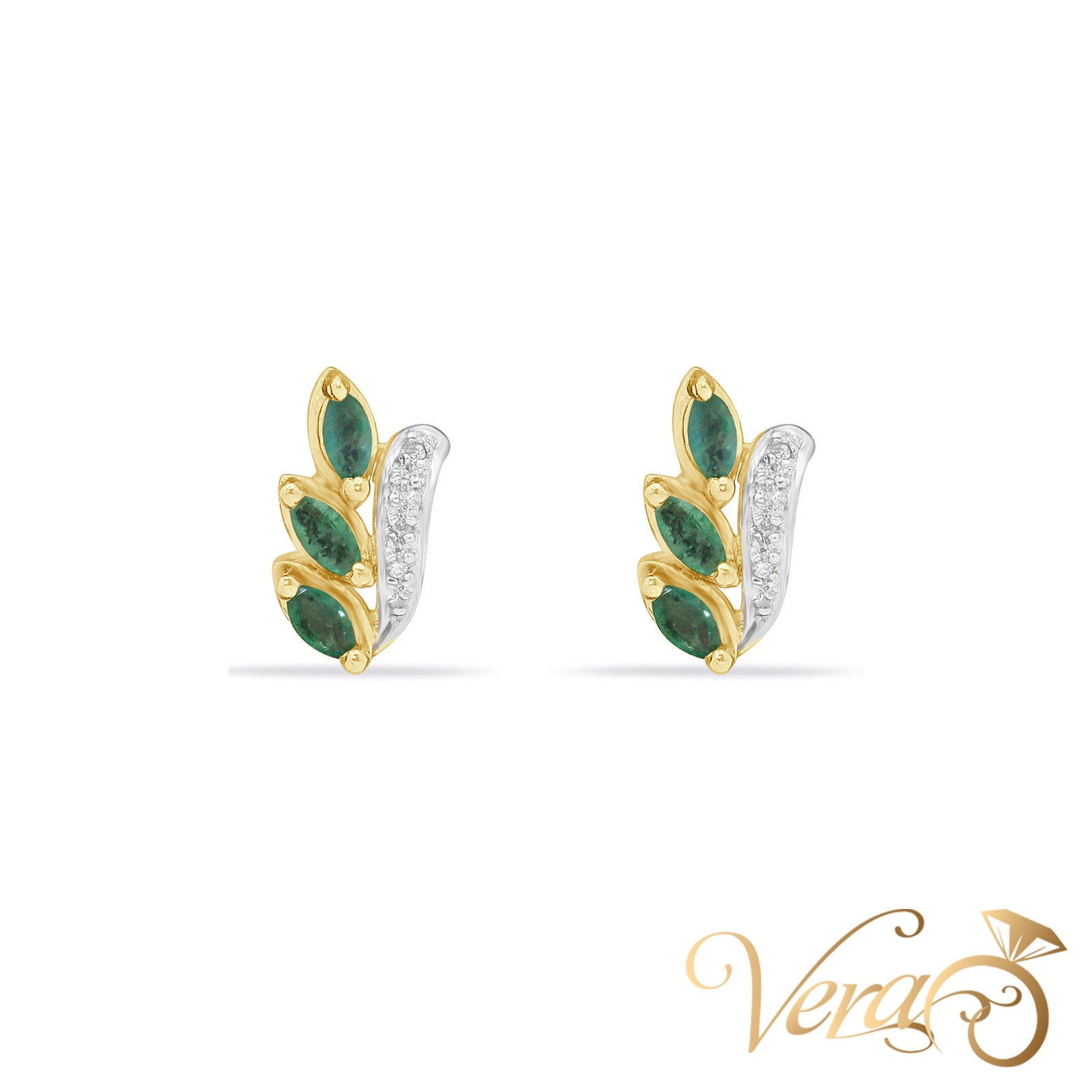 14K Yellow Gold Diamond and Emerald Stud Earrings, 0.10 ct, 13mm, 2.5g - Vera Jewelry in Miami