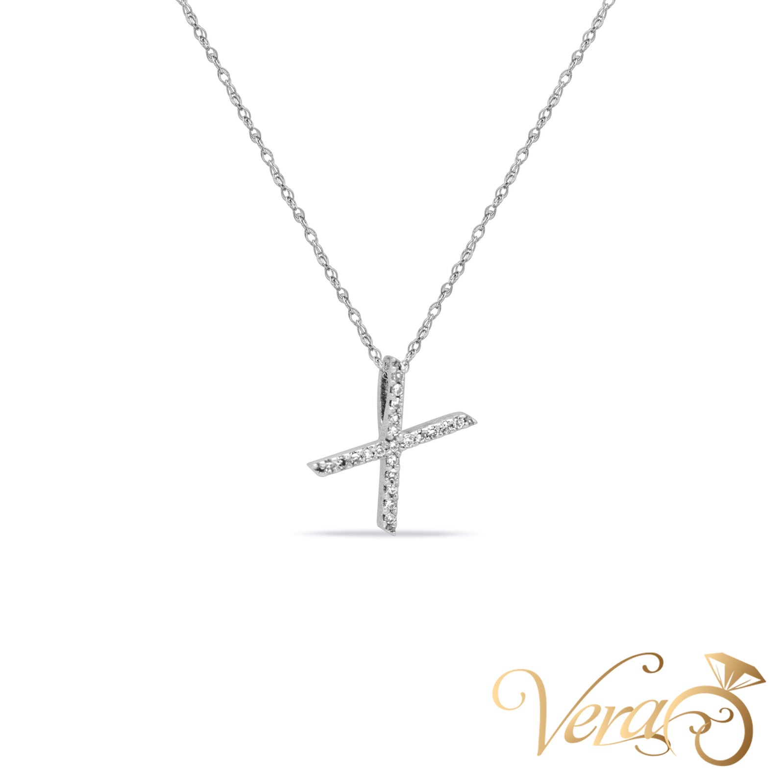 14K White Gold Letter "X" Pendant with Chain & 0.10ct Diamond  16" - Vera Jewelry in Miami