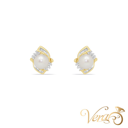 14K Yellow Gold Diamond and Pearl Stud Earrings, 0.30 ct, 14mm, 4.5g