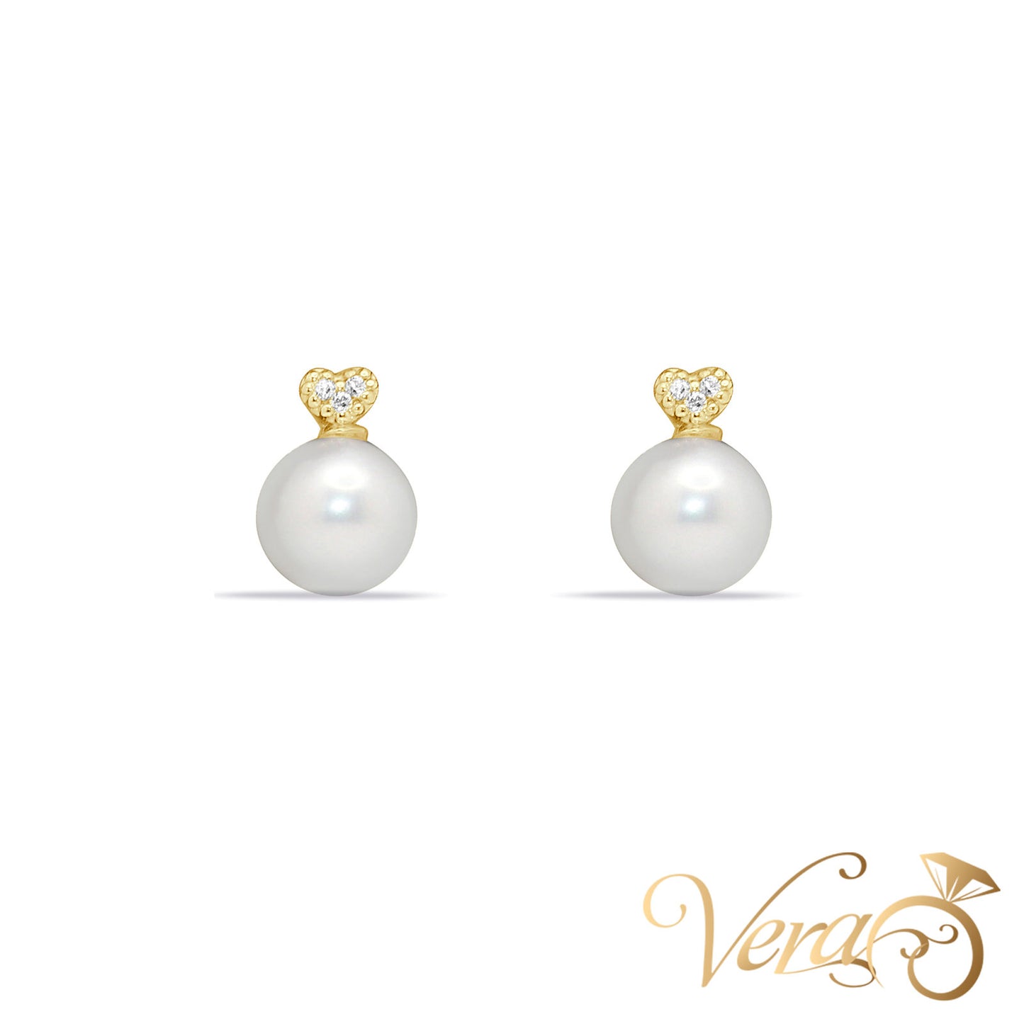 14K Yellow Gold Pearl and CZ Stud Earrings, 9mm
