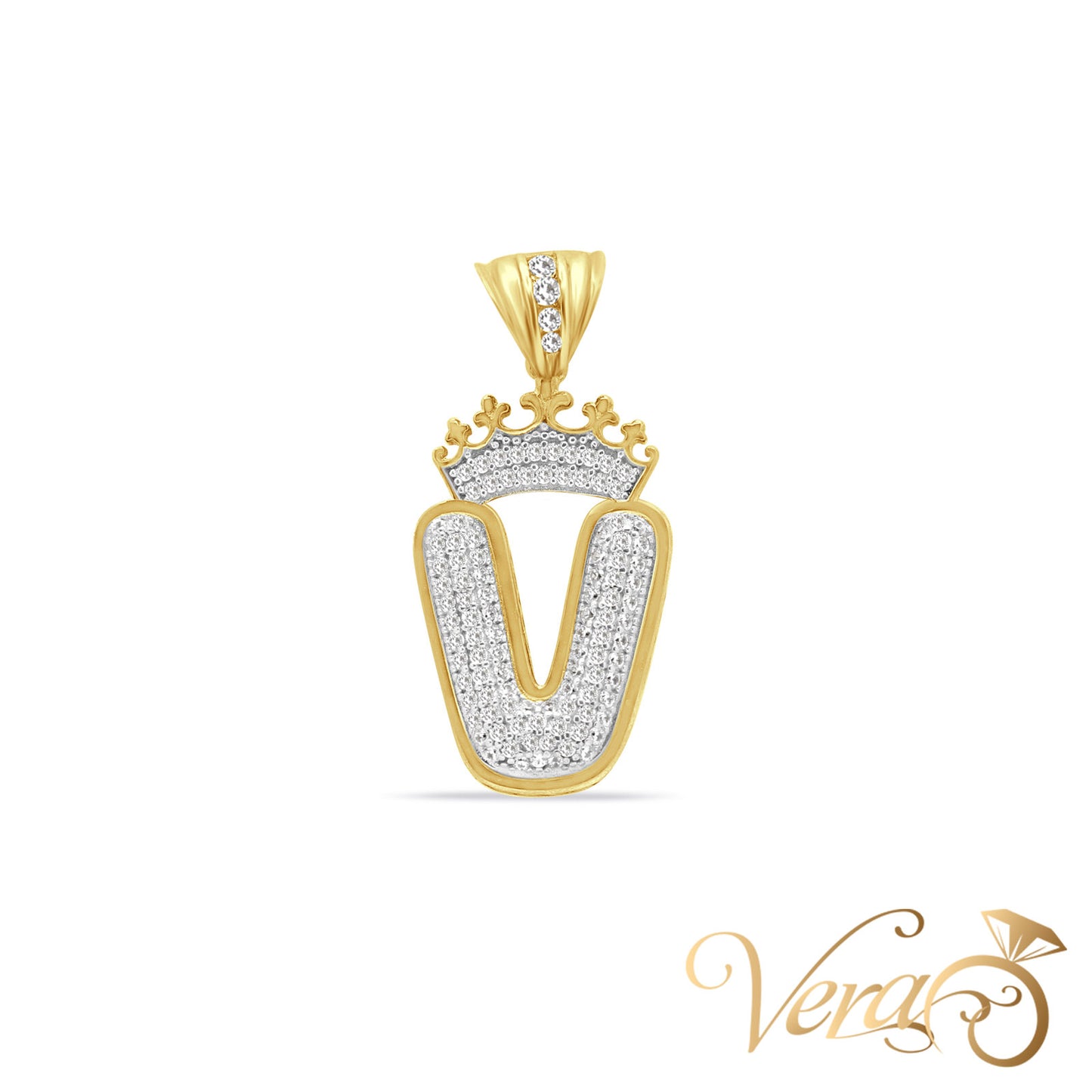 10K Yellow Gold Crowned Letter “V” Pendant with CZ