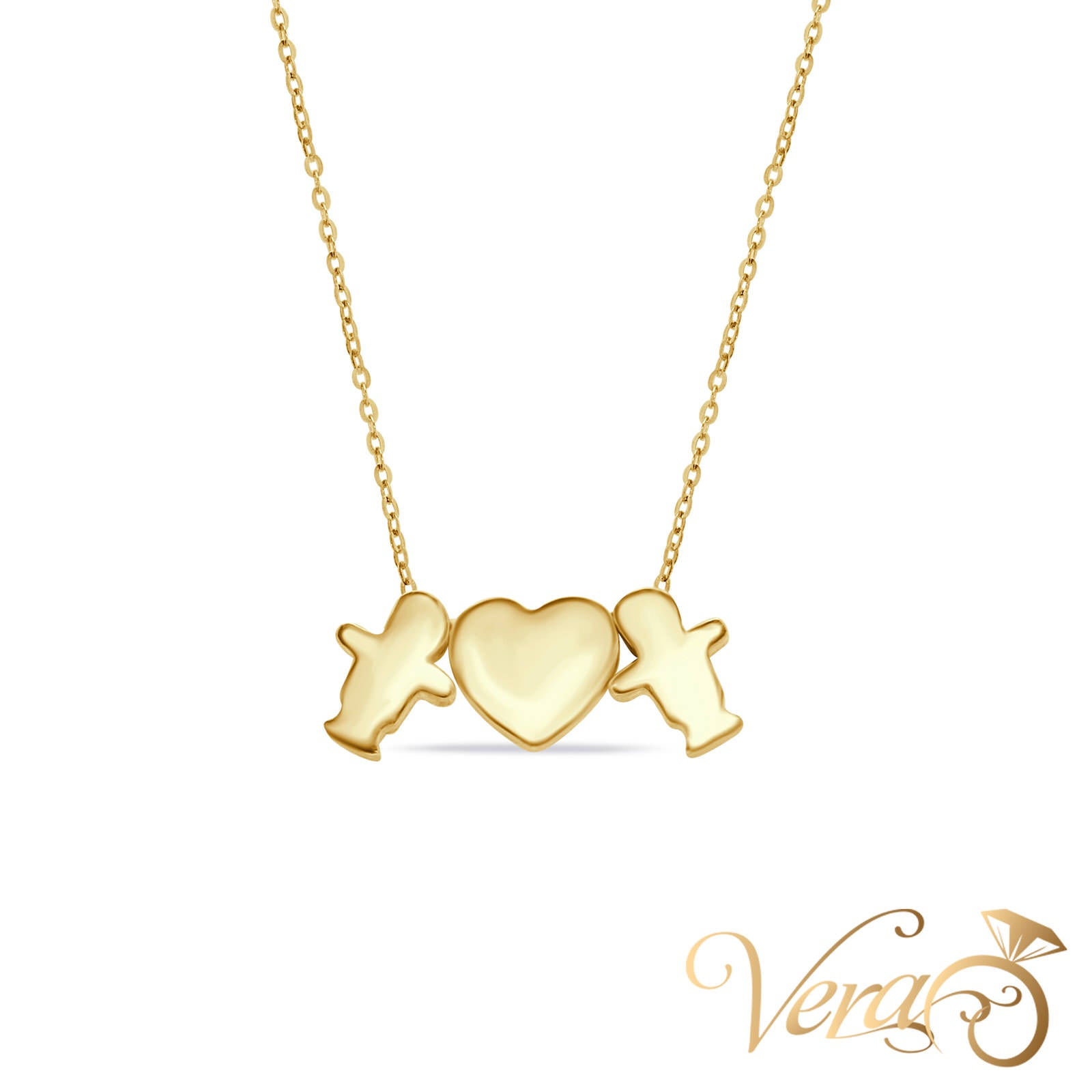 14K Yellow Gold Kids & Heart Pendant with Chain  18" - Vera Jewelry in Miami