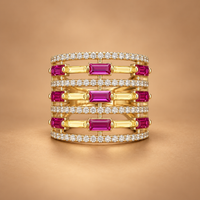 14K YG Band Ring CZ & Pink Baguette Stones, Size 8.5, 4.8g