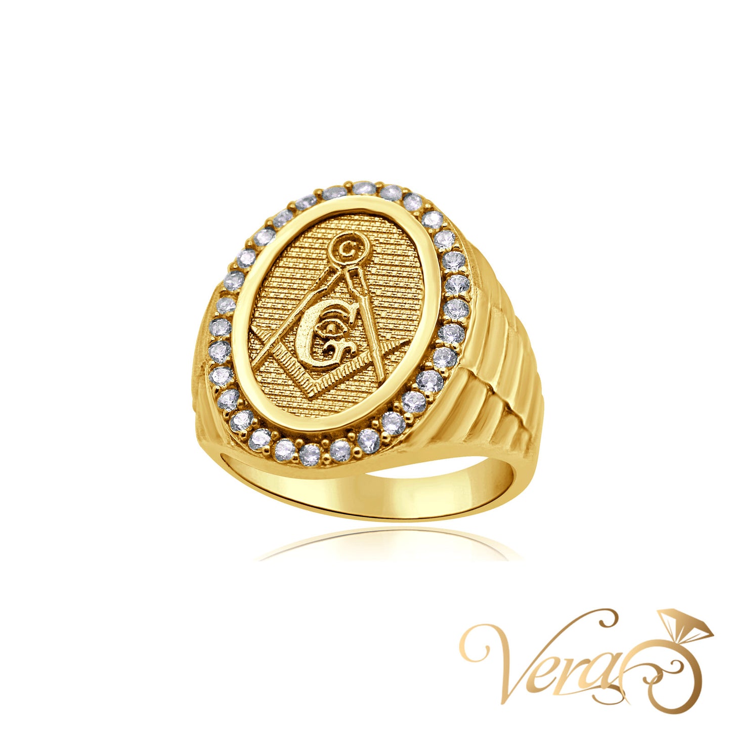 14K Yellow Gold Men’s Masonic Ring with CZ Accents, Size 10, 5.8g
