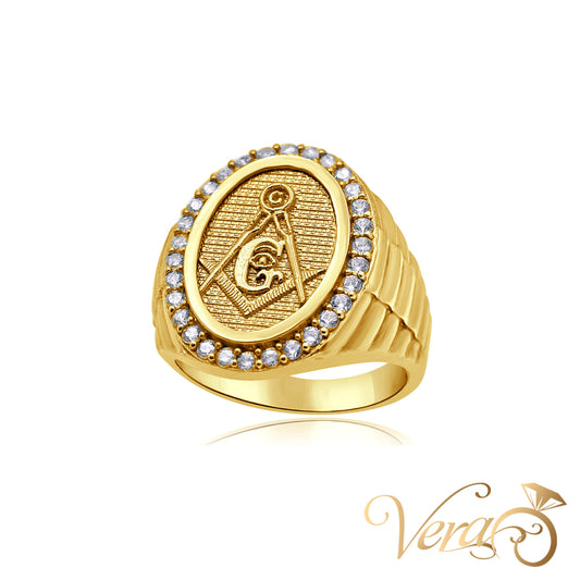14K Yellow Gold Men’s Masonic Ring with CZ Accents, Size 10, 5.8g - Vera Jewelry in Miami