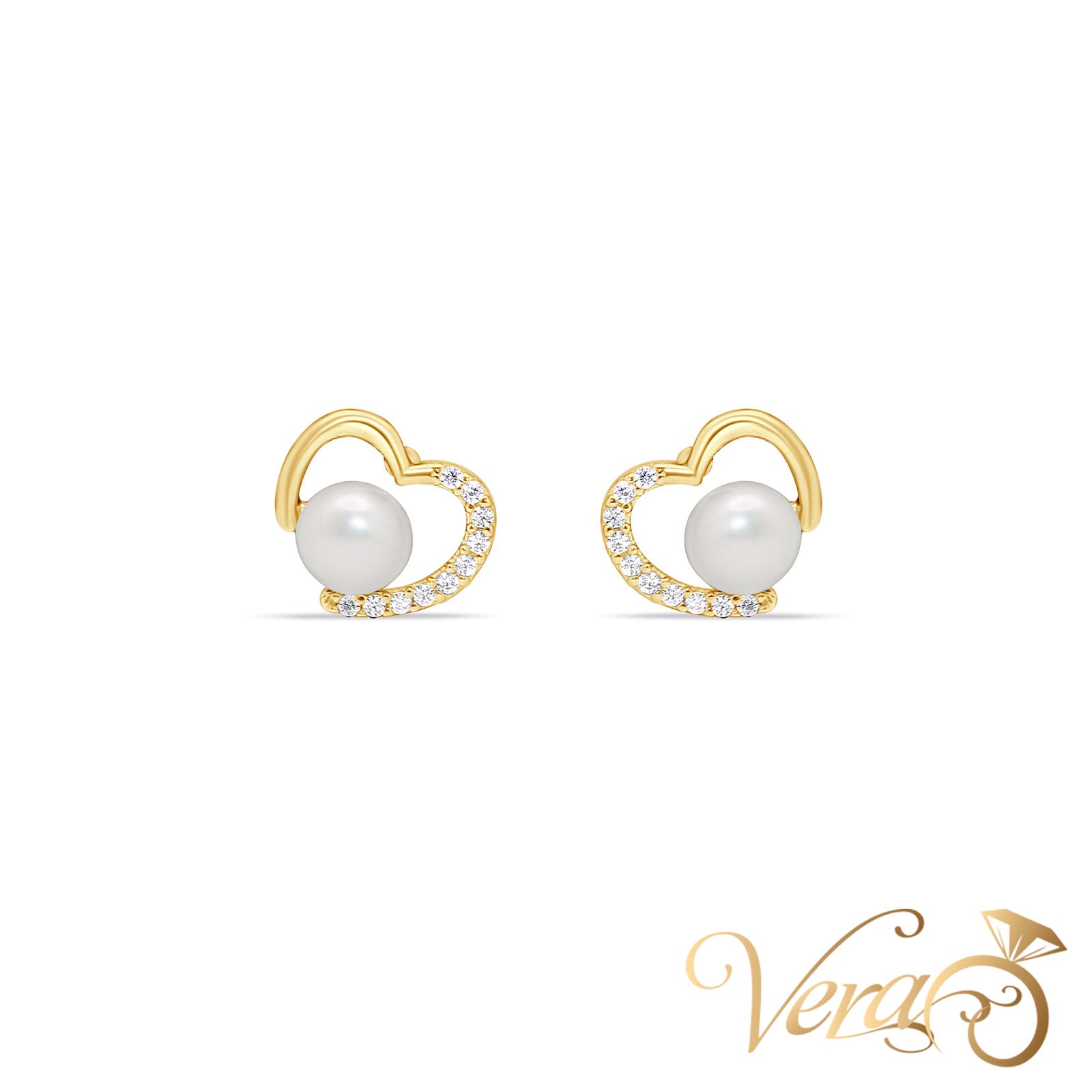 14K Yellow Gold Heart Stud Earrings with Pearl & Cubic Zirconia, 8.5mm - Vera Jewelry in Miami
