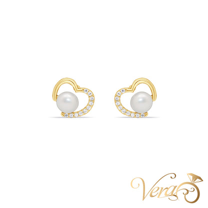 14K Yellow Gold Heart Stud Earrings with Pearl & Cubic Zirconia, 8.5mm