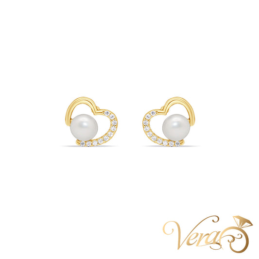 14K Yellow Gold Heart Stud Earrings with Pearl & Cubic Zirconia, 8.5mm - Vera Jewelry in Miami
