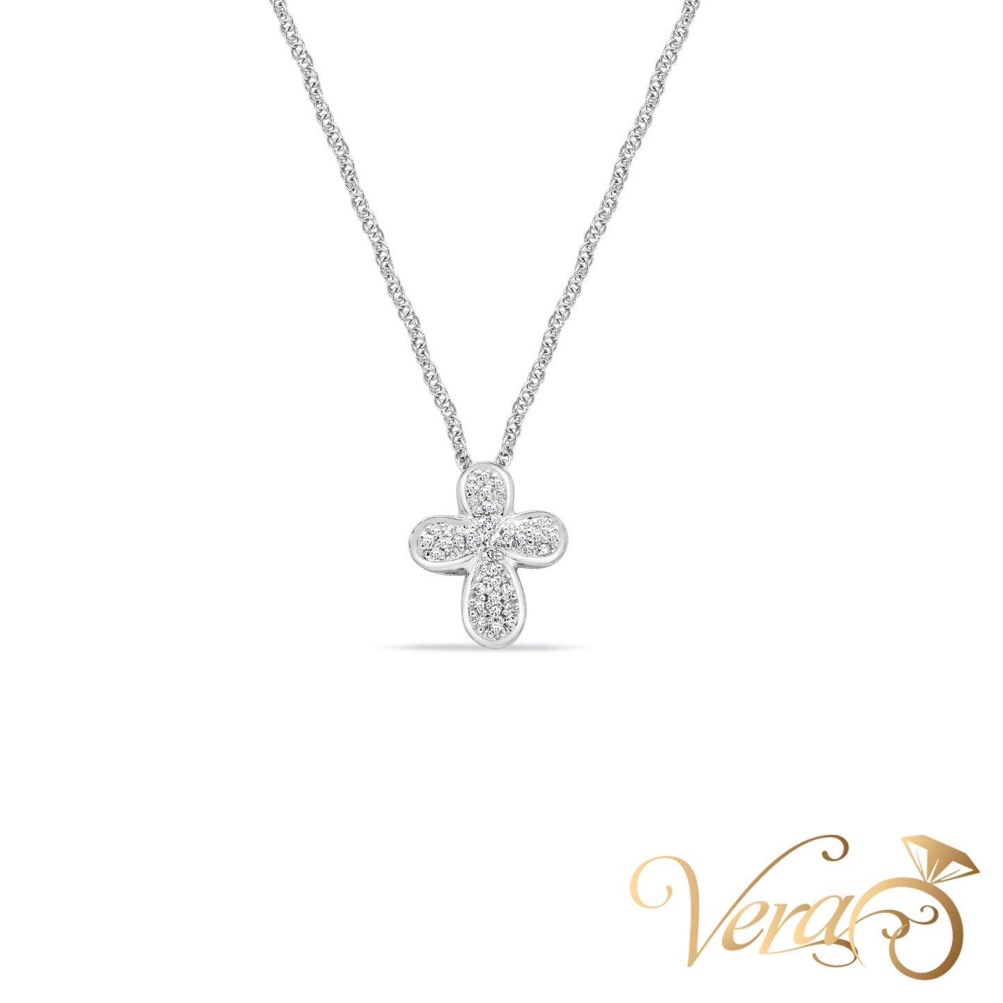 14K White Gold Crucifix Pendant with Chain & 0.20ct Diamond  17" - Vera Jewelry in Miami