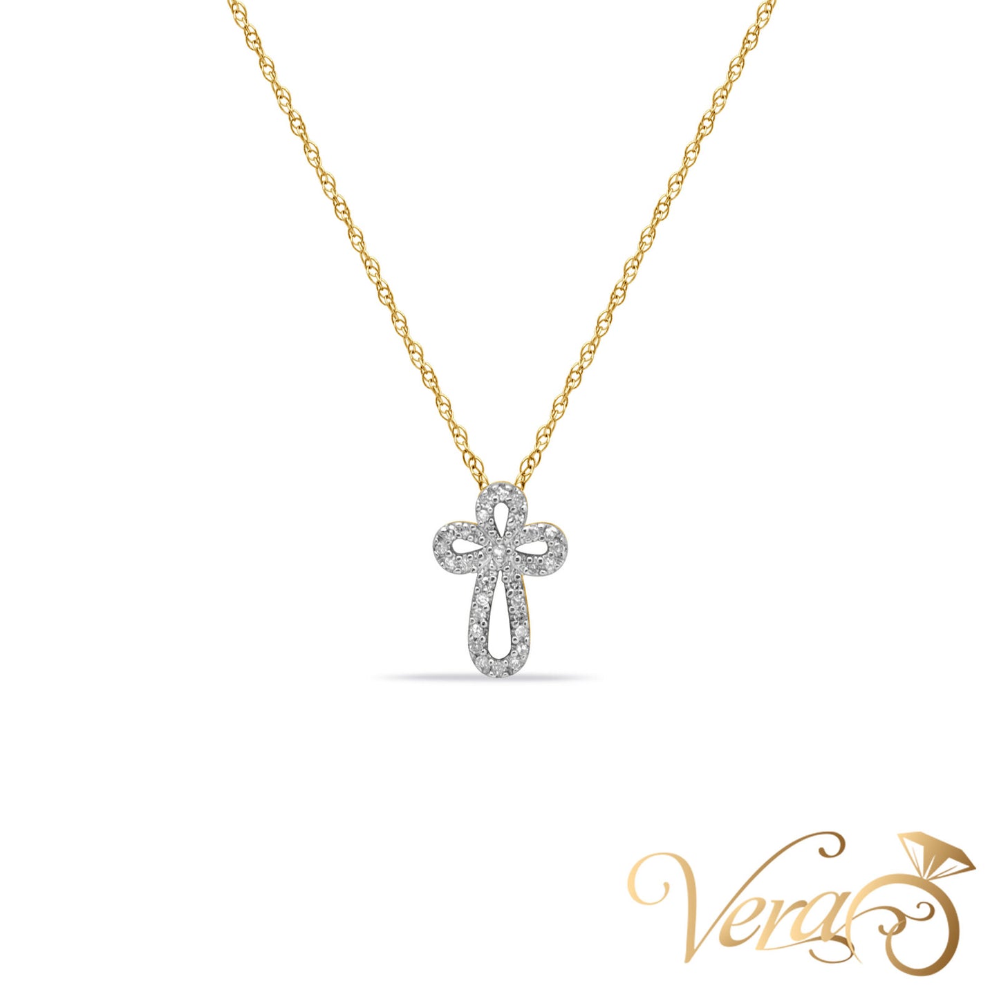 14K Yellow Gold Crucifix Pendant with Chain & 0.15ct Diamond  16" - Vera Jewelry in Miami