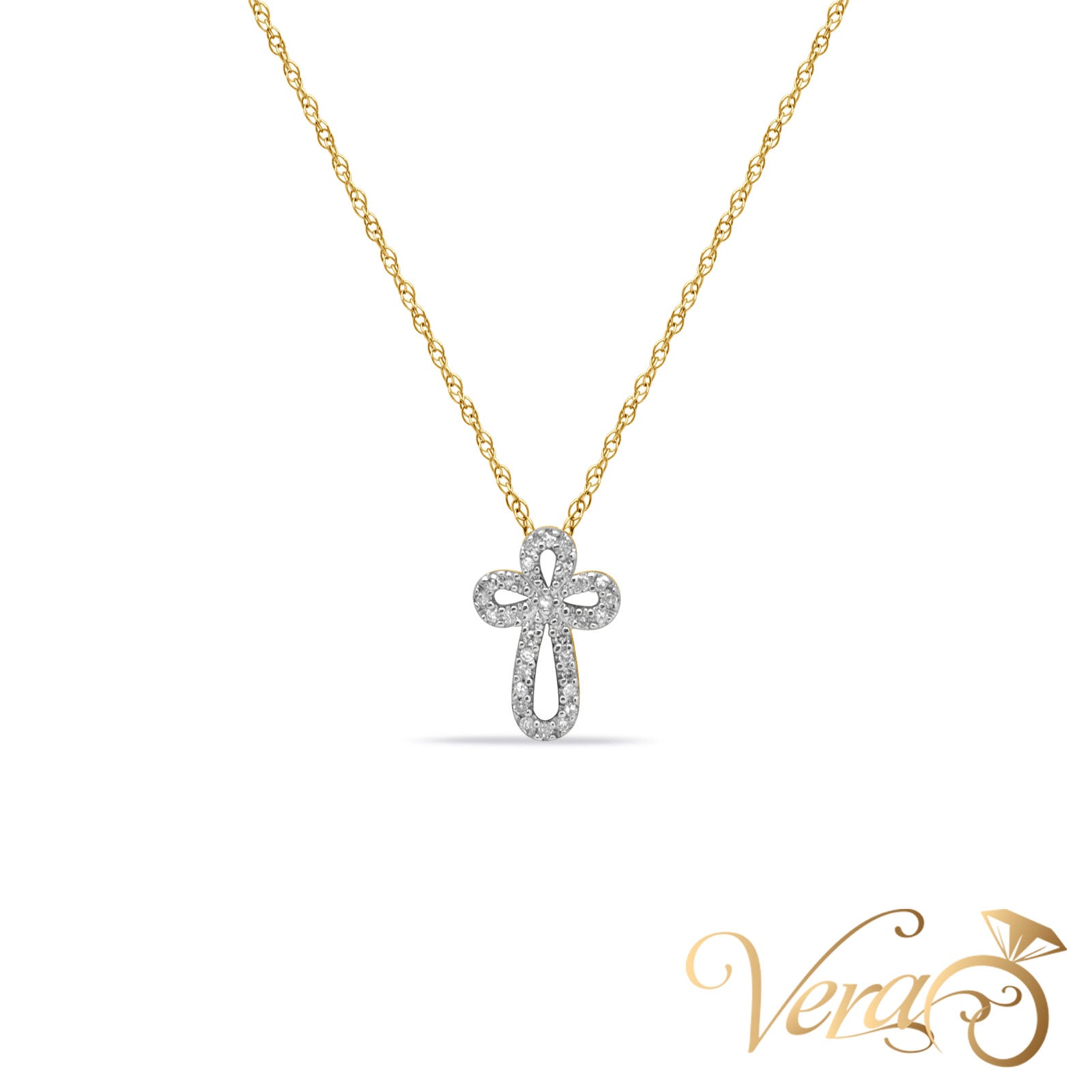 14K Yellow Gold Crucifix Pendant with Chain & 0.15ct Diamond  16" - Vera Jewelry in Miami
