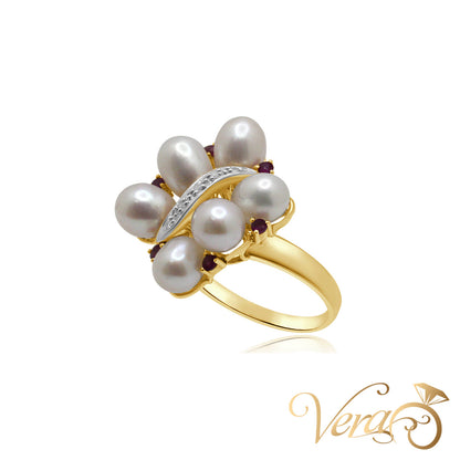 14K YG Women Ring 0.05 ct NAT, Pearls & Ruby, Size 9.75, 6.5g