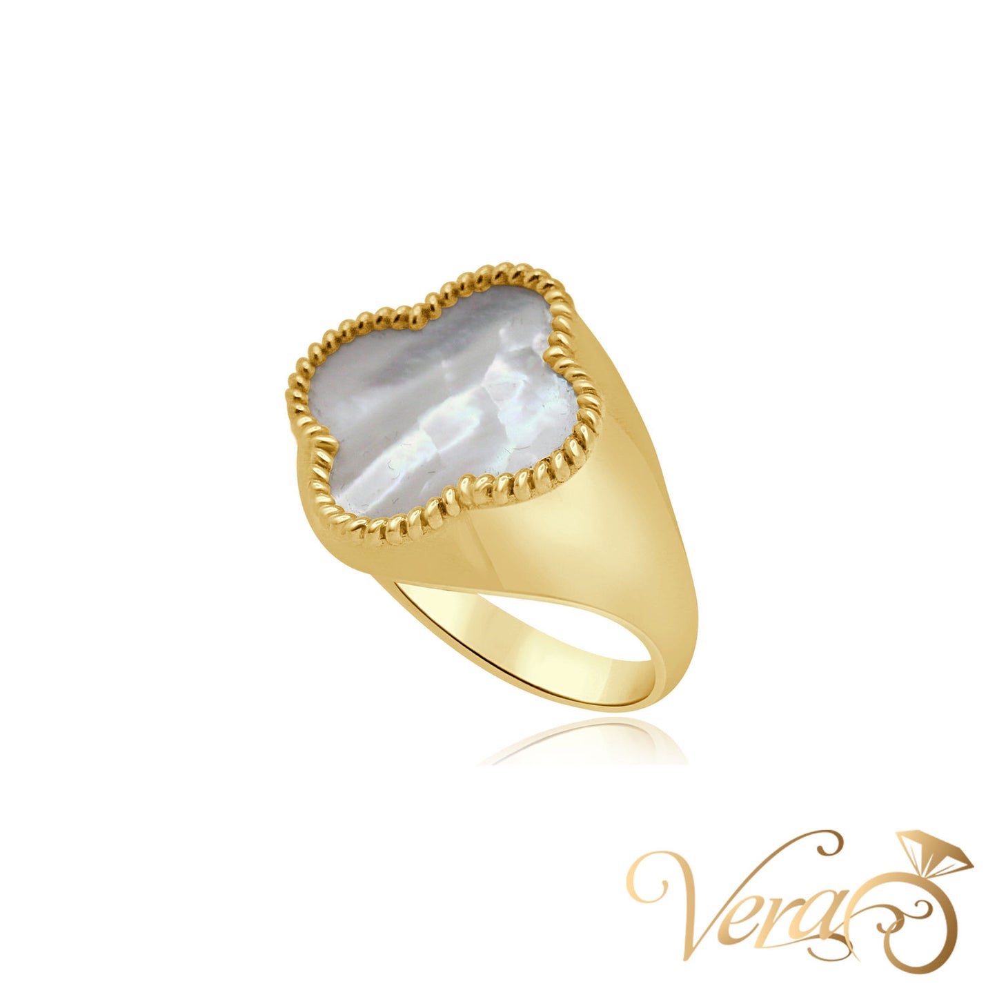 14K YG Clover Ring Mother of Pearl, Size 8.5, 6.4g