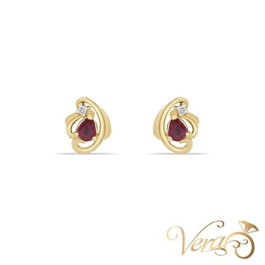 14K Yellow Gold Diamond and Ruby Stud Earrings, 0.02 ct, 10mm, 1.6g