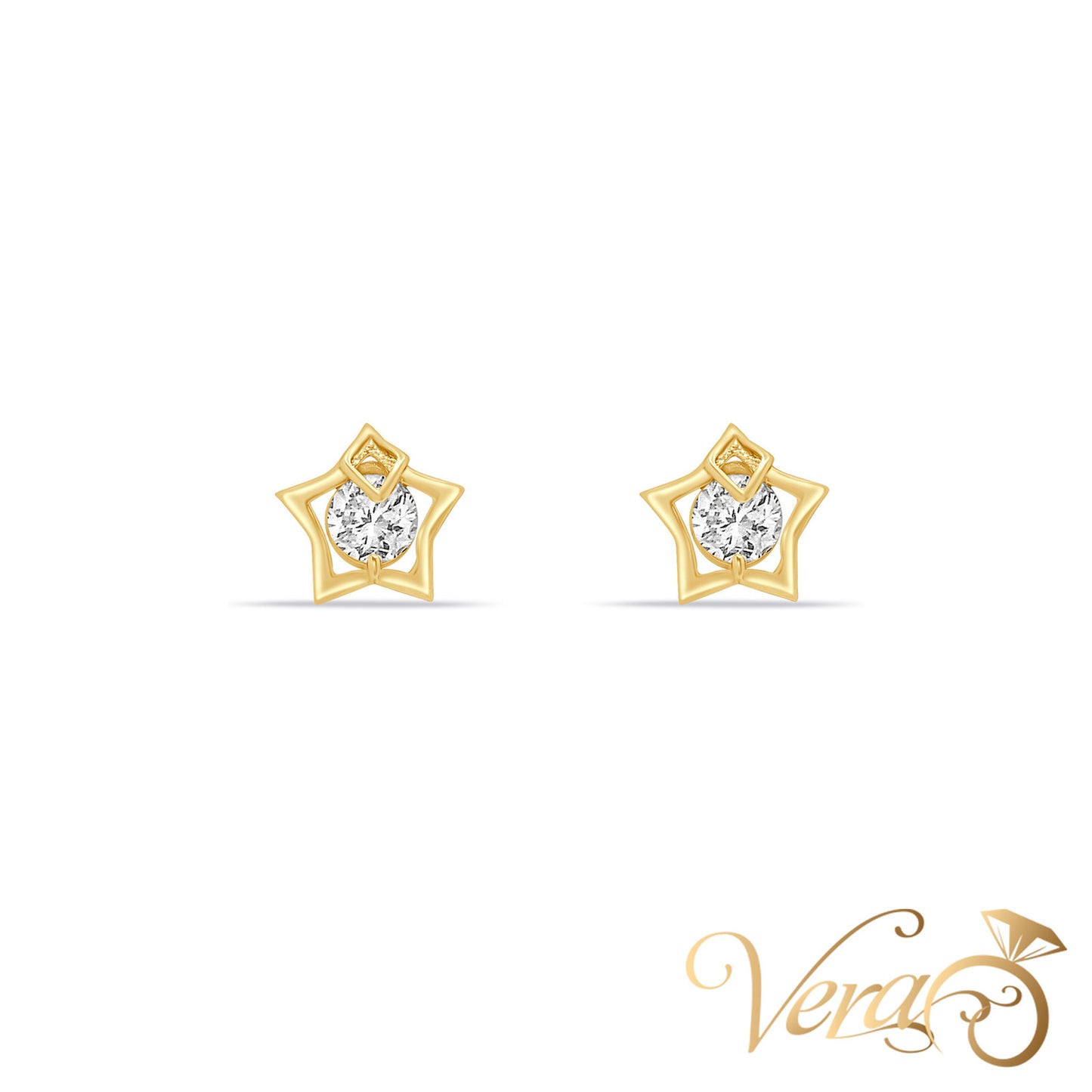 14K Yellow Gold Star Stud Earrings with Cubic Zirconia, 8mm - Vera Jewelry in Miami