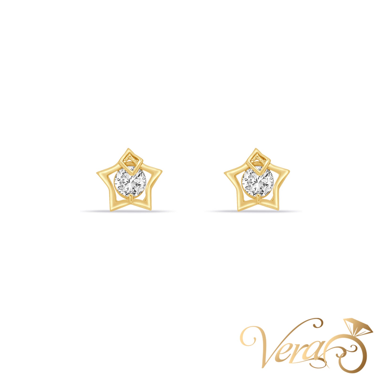 14K Yellow Gold Star Stud Earrings with Cubic Zirconia, 8mm - Vera Jewelry in Miami
