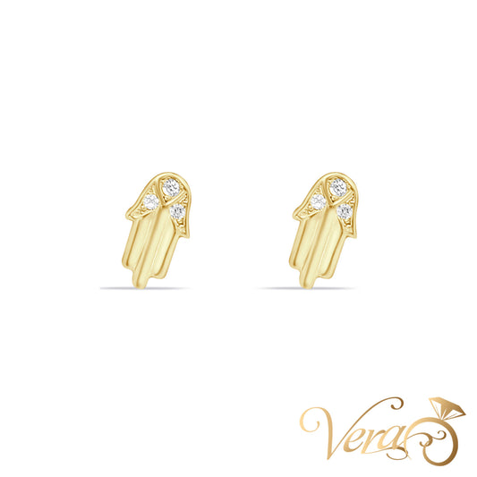 14K Yellow Gold Hamsa Hand Stud Earrings with CZ, 7.5mm