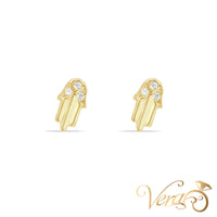 14K Yellow Gold Hamsa Hand Stud Earrings with CZ, 7.5mm