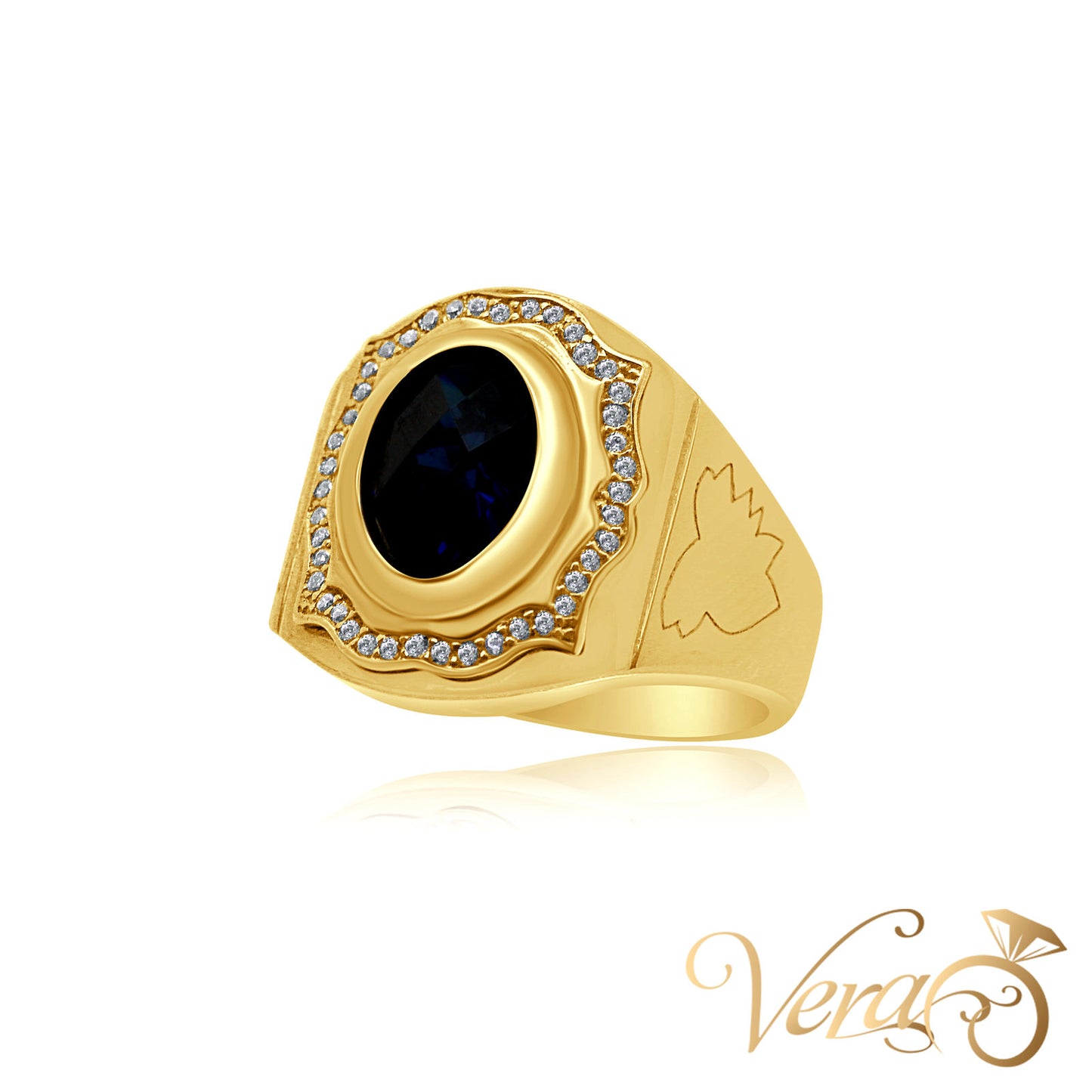 14K Yellow Gold Men’s Ring with Blue Oval CZ Center Stone and Accents, Size 10.5, 11.4g