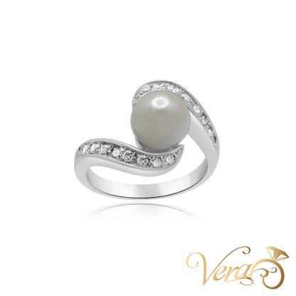 PLAT Women Ring 0.20 ct NAT & Pearl, Size 6, 8.3g