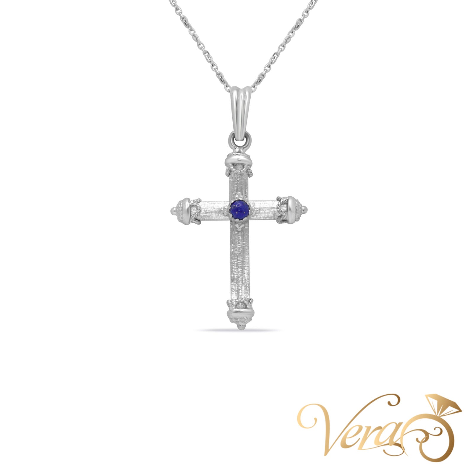 18K White Gold Crucifix Pendant with Lapis Lazuli  42mm - Vera Jewelry in Miami