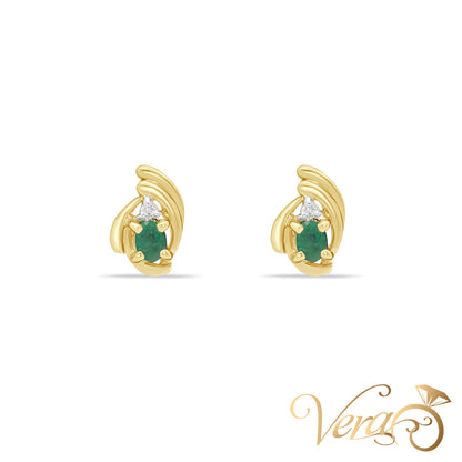 14K Yellow Gold Diamond and Emerald Stud Earrings, 0.02 ct, 10mm, 1.9g