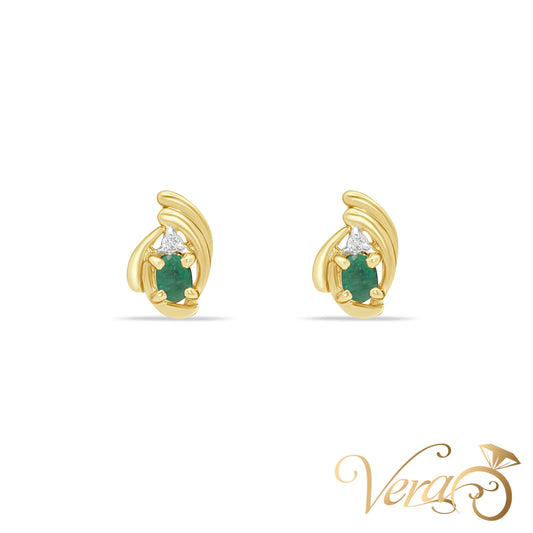 14K Yellow Gold Diamond and Emerald Stud Earrings, 0.02 ct, 10mm, 1.9g