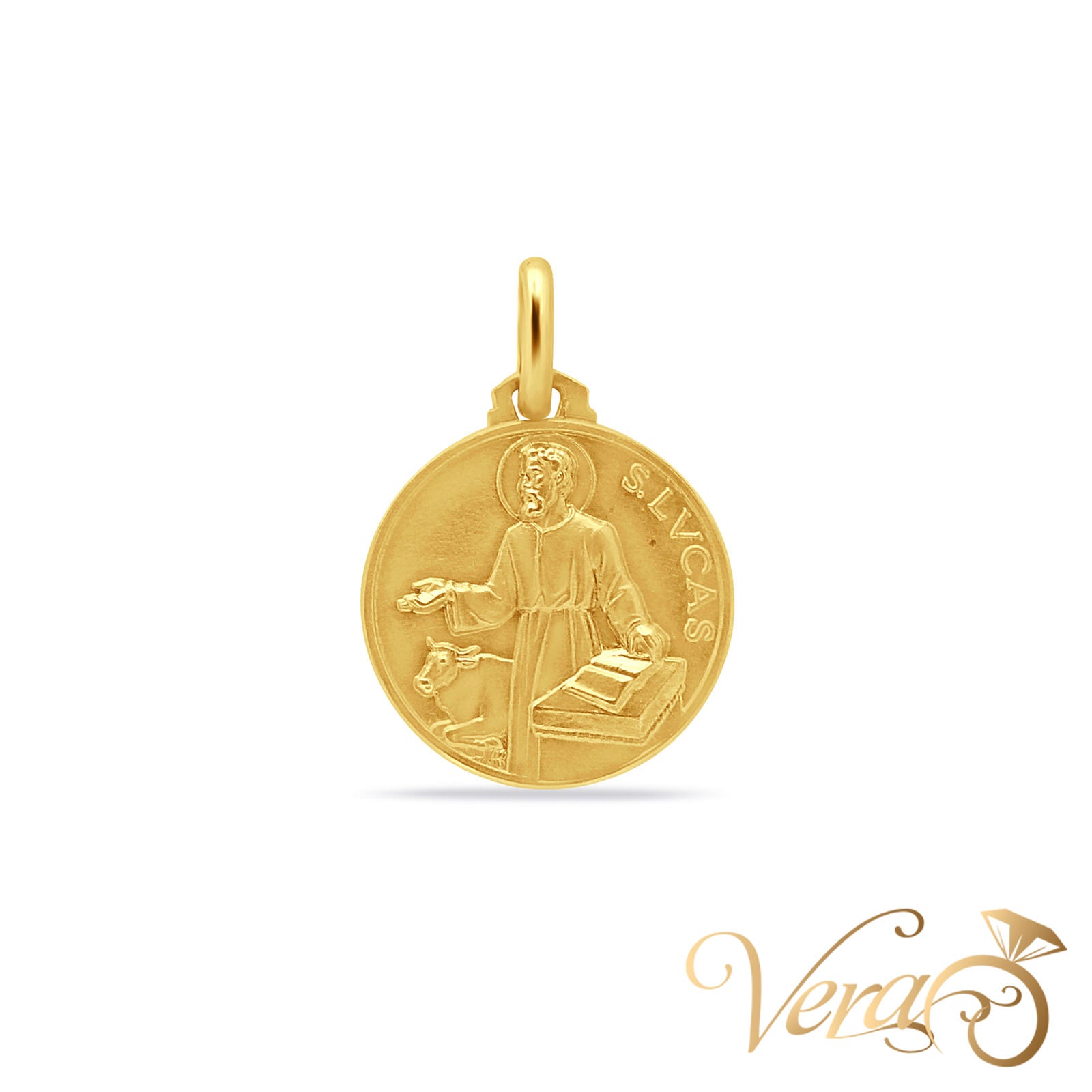 18K Yellow Gold Saint Lucas Medal Pendant  19mm - Vera Jewelry in Miami