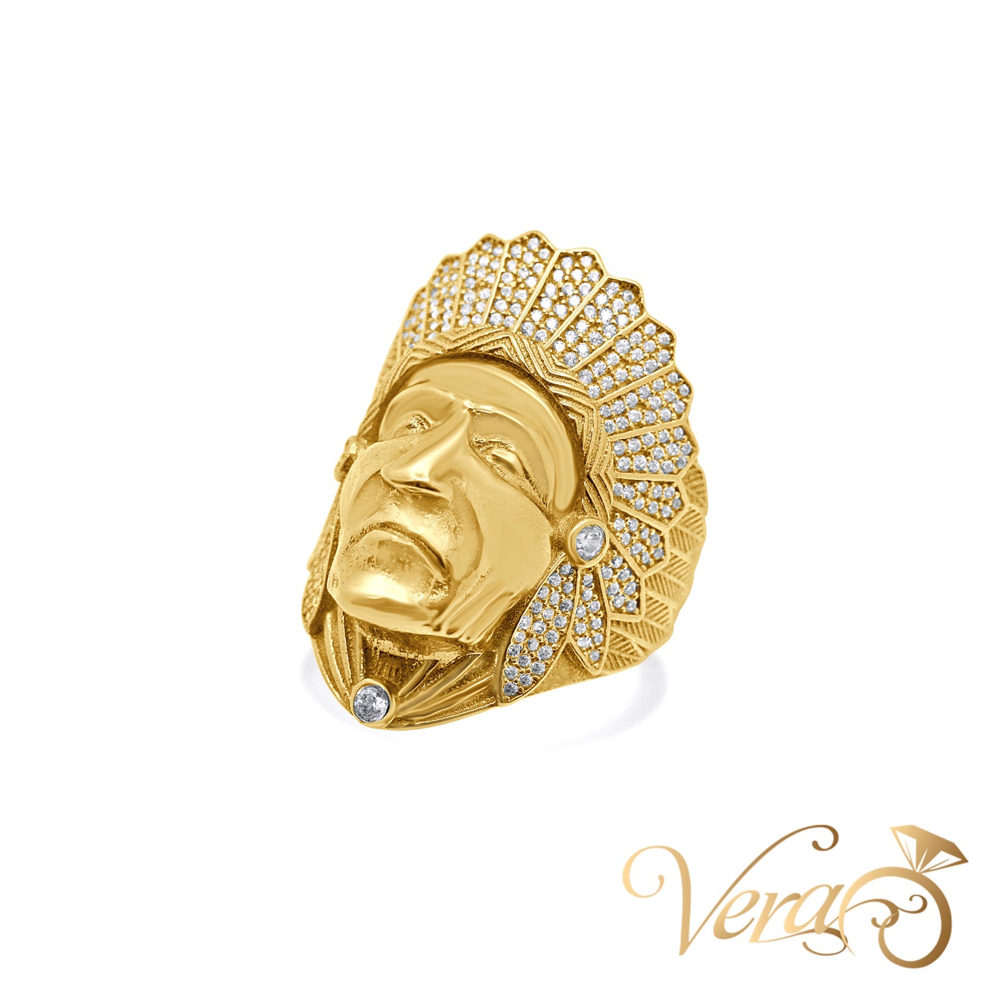 14K Yellow Gold Men’s Indian Head Ring with CZ Accents, Size 11, 10.7g