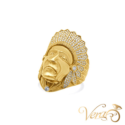 14K Yellow Gold Men’s Indian Head Ring with Cubic Zirconia Accents, Size 11, 10.7g