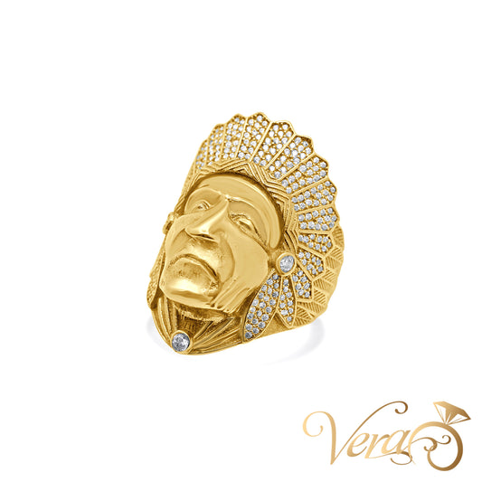 14K Yellow Gold Men’s Indian Head Ring with CZ Accents, Size 11, 10.7g - Vera Jewelry in Miami