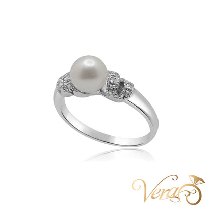 14K WG Women Ring 0.04 ct NAT & Pearl, Size 7.25, 2.2g