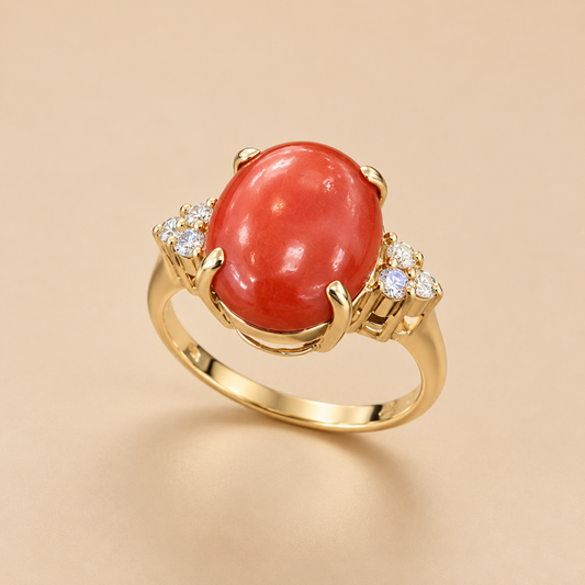 14K YG 3.3g 0.15 ct NAT & Red Coral Ring 6.75 sz Vintage
