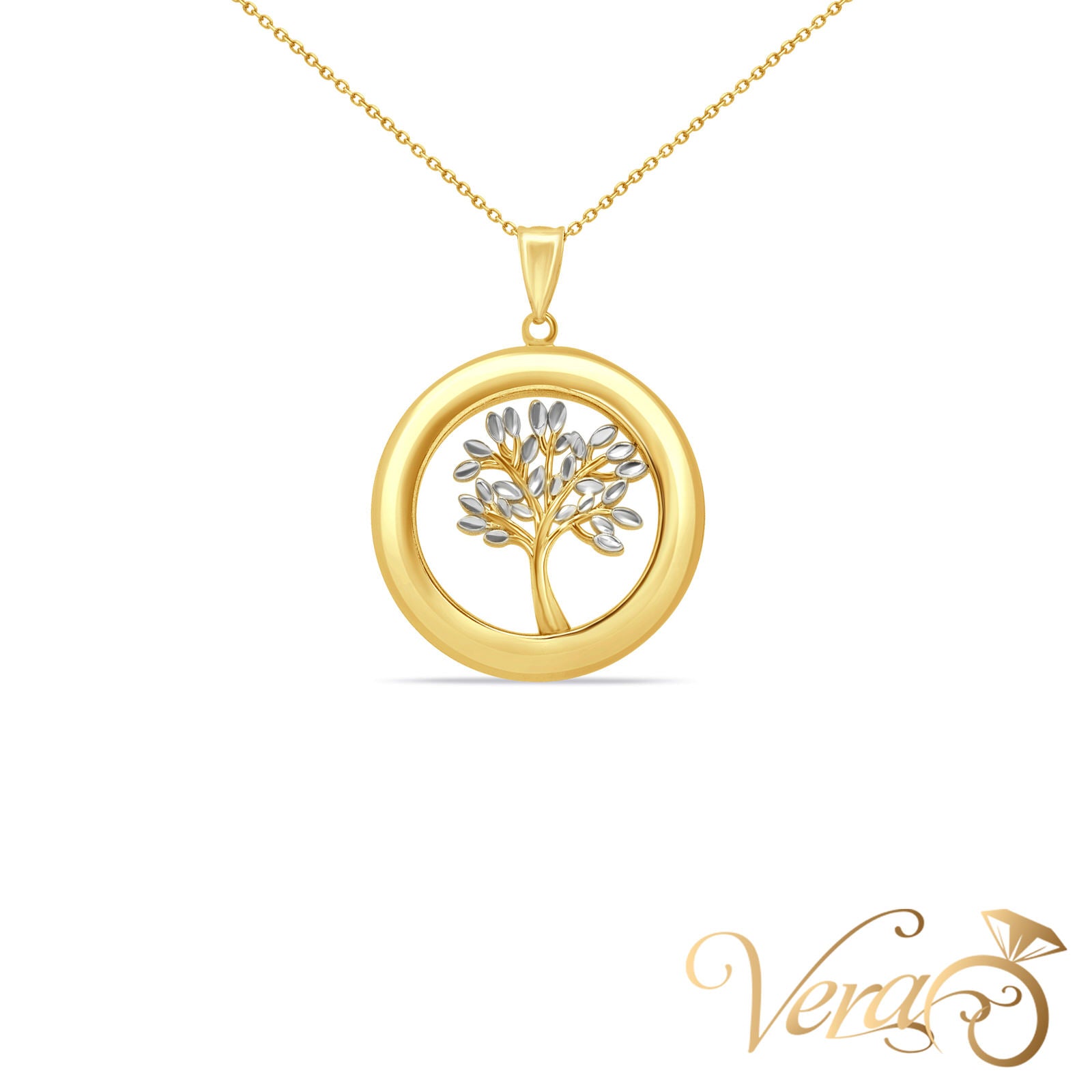 14K Yellow Gold Round Tree Pendant Necklace  18", 3.27g - Vera Jewelry in Miami