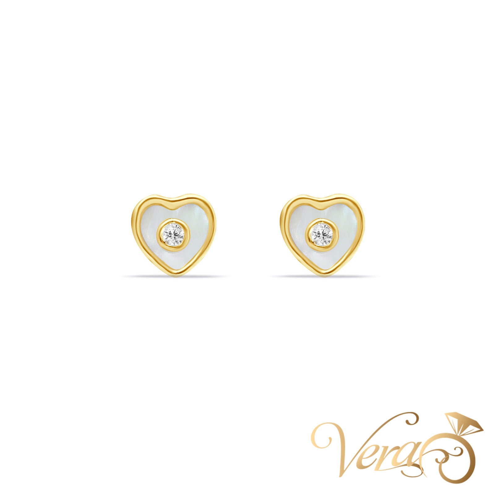 14K Yellow Gold Mother of Pearl and CZ Stud Earrings, 6mm - Vera Jewelry in Miami