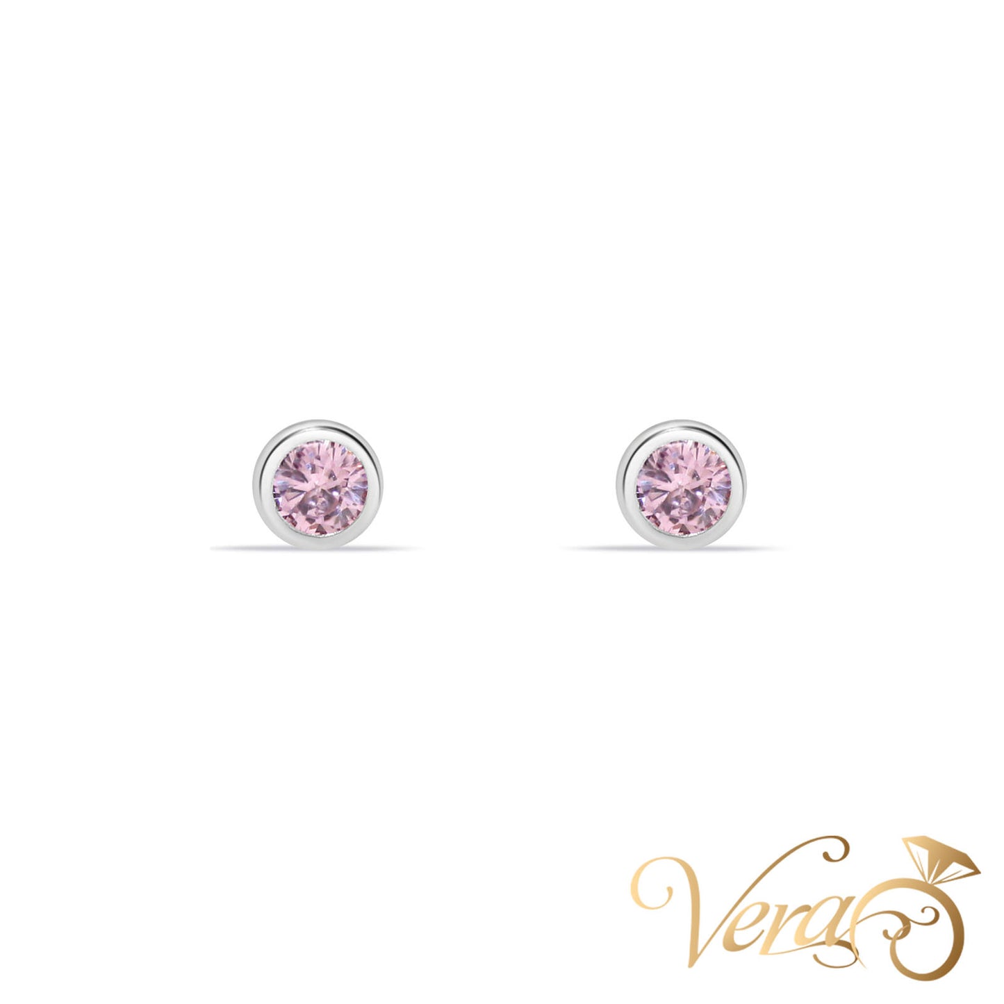 14K White Gold Solitaire Stud Earrings with Pink Cubic Zirconia, 4.5mm - Vera Jewelry in Miami