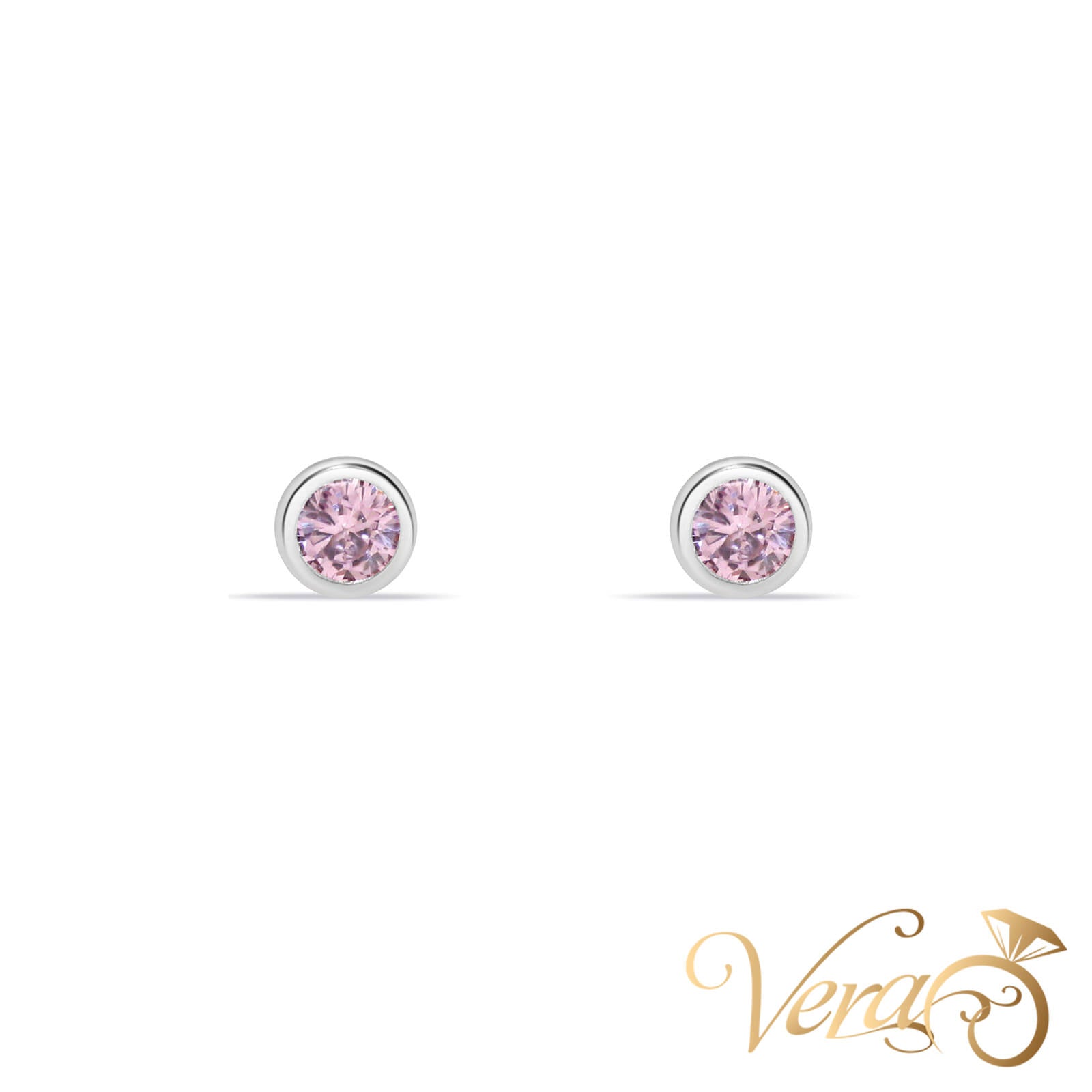 14K White Gold Solitaire Stud Earrings with Pink Cubic Zirconia, 4.5mm - Vera Jewelry in Miami