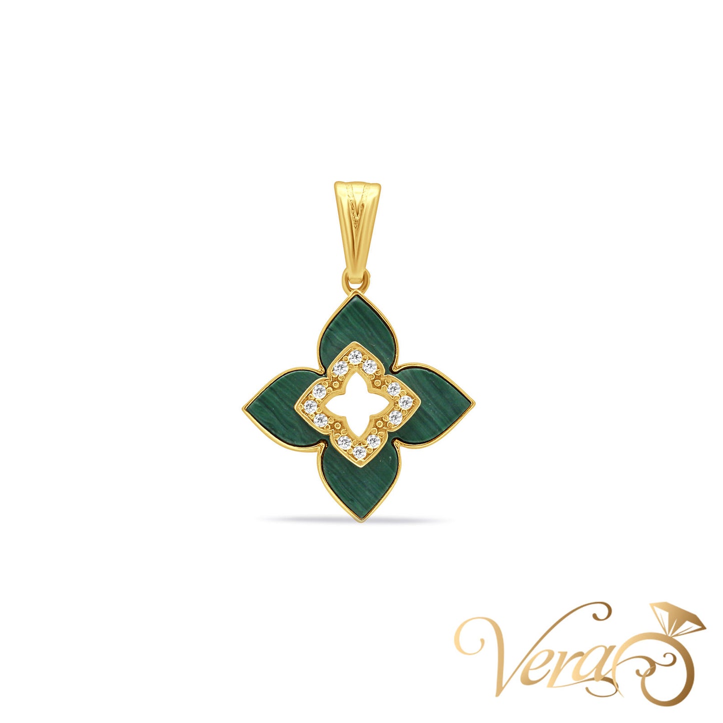 10K Yellow Gold Floral Pendant with CZ & Malachite  28mm - Vera Jewelry in Miami