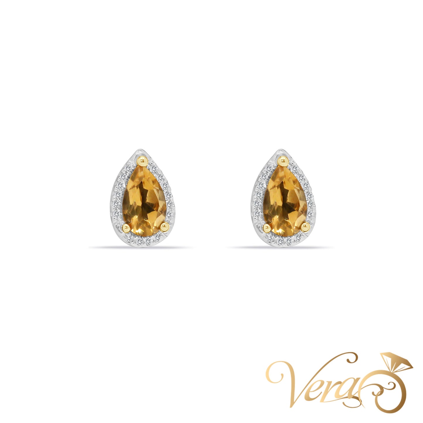 14K Yellow Gold Diamond and Citrine Waterdrop Stud Earrings, 0.10 ct, 11mm, 2.0g