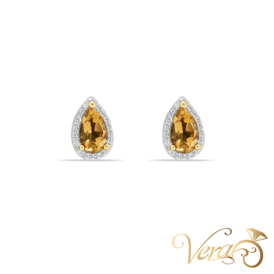 14K Yellow Gold Diamond and Citrine Waterdrop Stud Earrings, 0.10 ct, 11mm, 2.0g