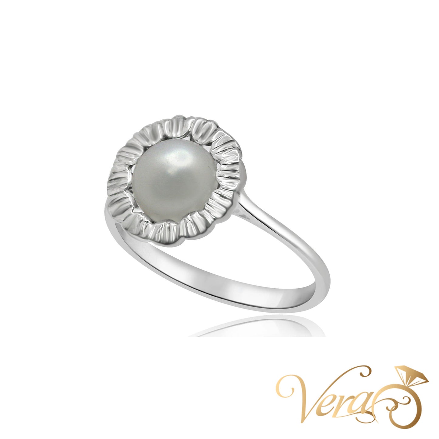 18K WG Women Ring Pearl, Size 7.75, 2.5g