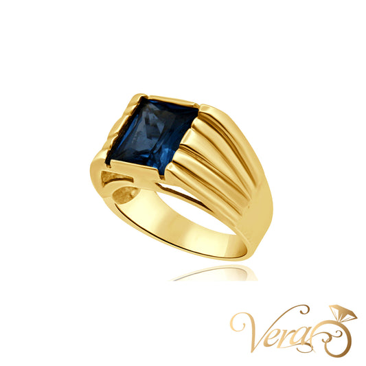 10K Yellow Gold Men’s Ring with Octagonal Blue CZ Center Stone, Size 9, 7.2g - Vera Jewelry in Miami