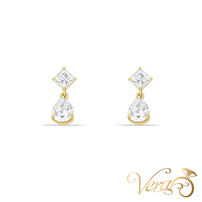 14K Yellow Gold Drop Earrings with Princess & Pear-Cut CZ, 14mm