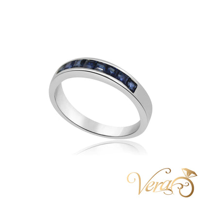 14K WG Band Ring Blue Sapphire Princess Cut, Size 6, 2.7g