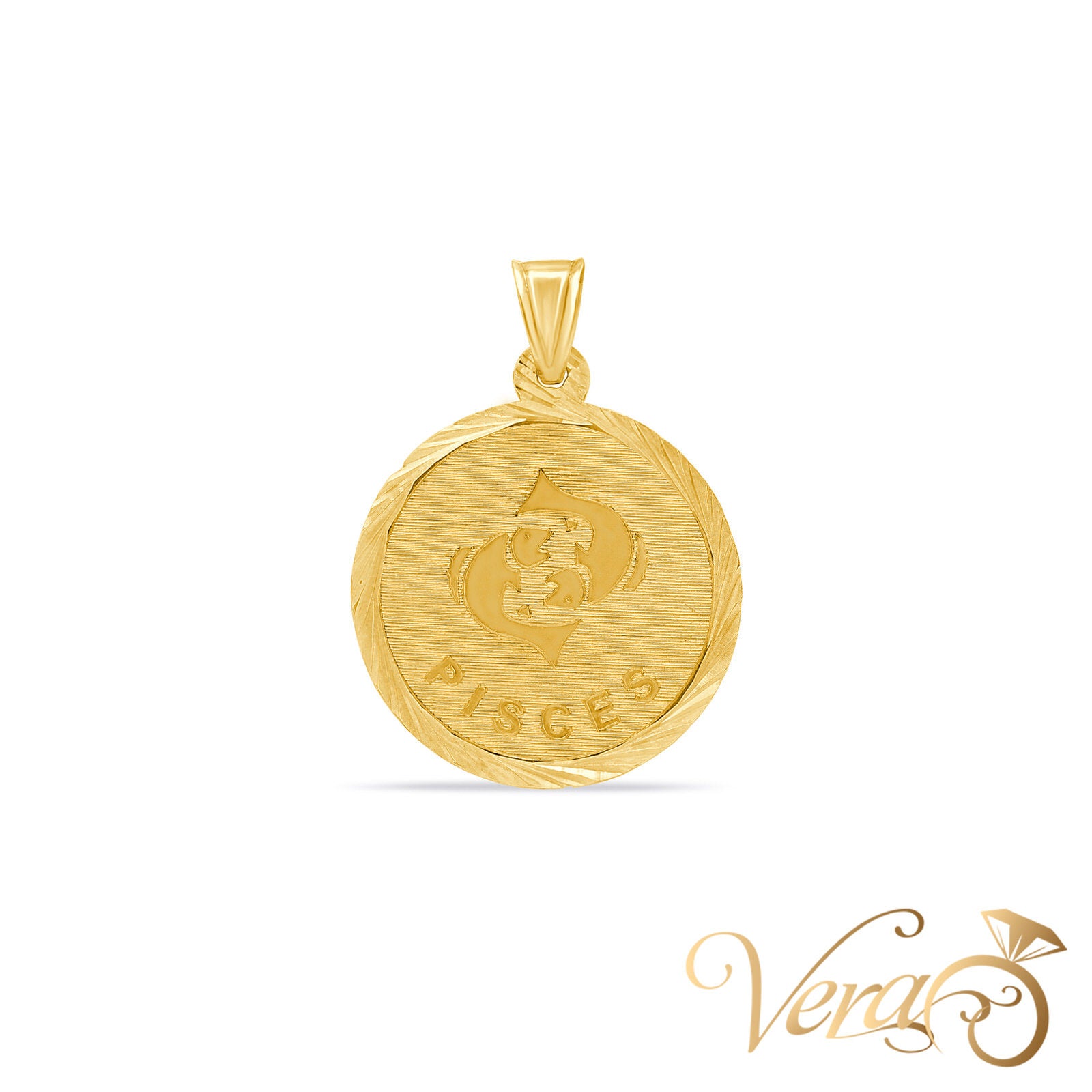 14K Yellow Gold Pisces Medal Pendant  30mm - Vera Jewelry in Miami