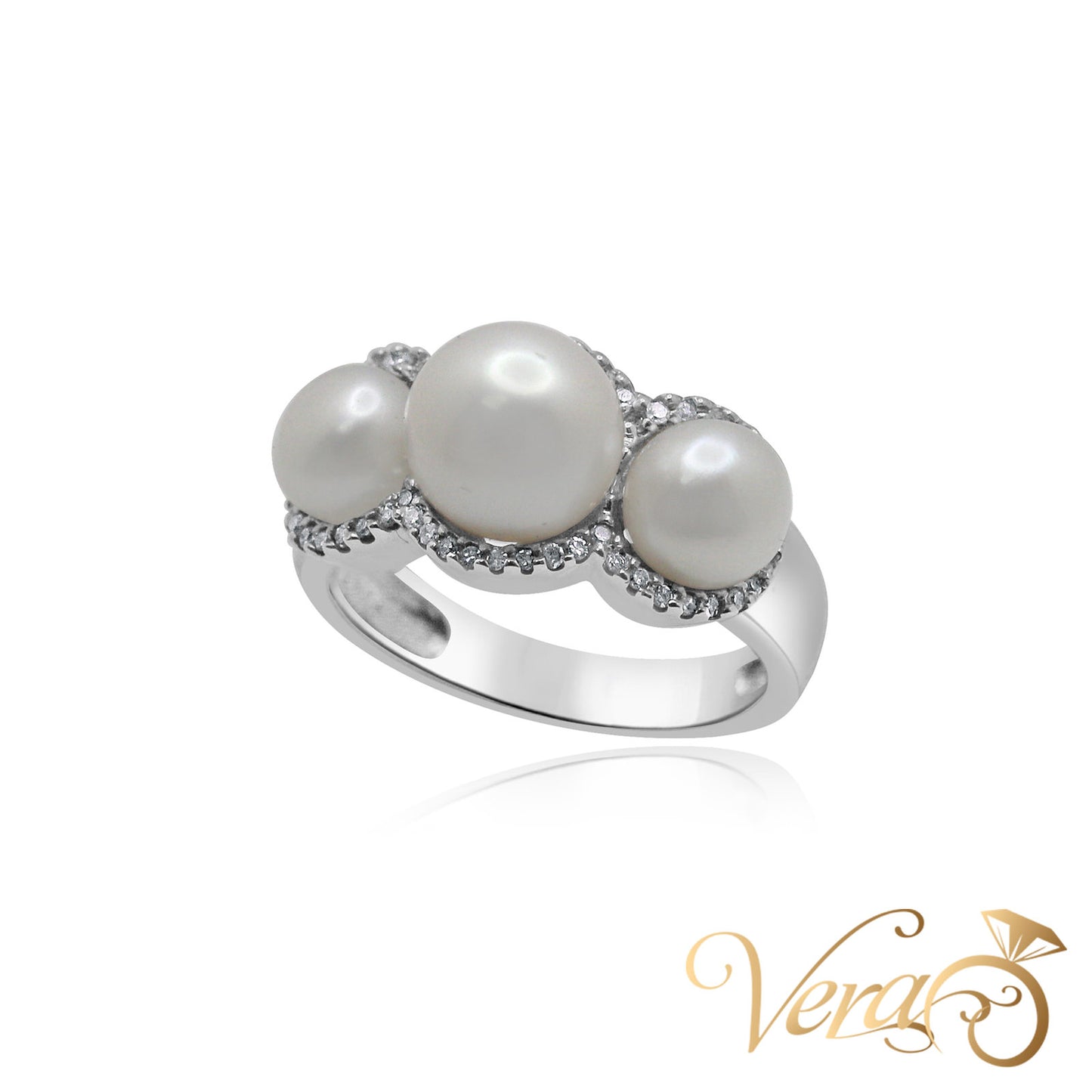 14K WG Women Ring 0.25 ct NAT & Pearl, Size 6, 5.5g